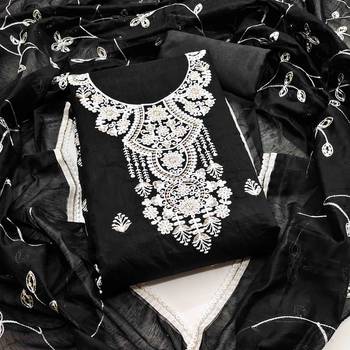 black chanderi embroidered unstitched dress materials 3 pair top bottom dupatta 1
