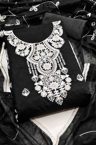 black chanderi embroidered unstitched dress materials 3 pair top bottom dupatta