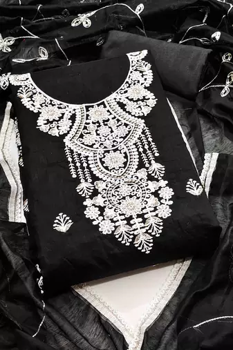 black chanderi embroidered unstitched dress materials 3 pair top bottom dupatta