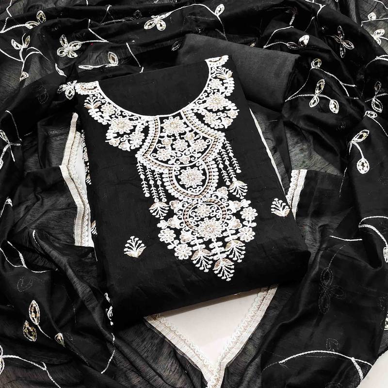 black chanderi embroidered unstitched dress materials 3 pair top bottom dupatta