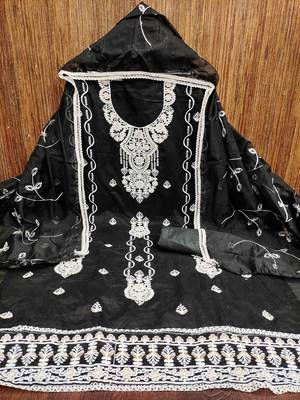 black chanderi embroidered unstitched dress materials 3 pair top bottom dupatta 2