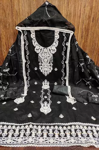 black chanderi embroidered unstitched dress materials 3 pair top bottom dupatta