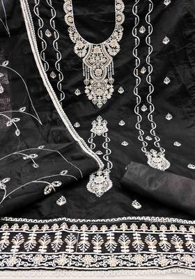 black chanderi embroidered unstitched dress materials 3 pair top bottom dupatta 3
