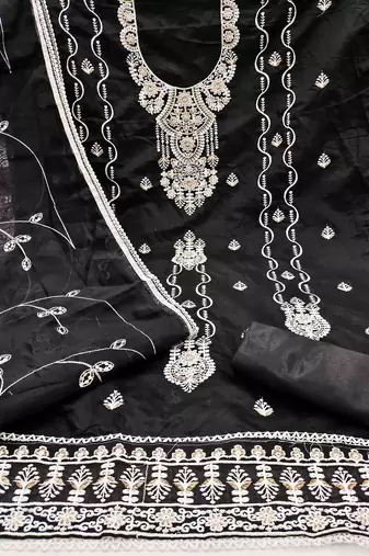 black chanderi embroidered unstitched dress materials 3 pair top bottom dupatta