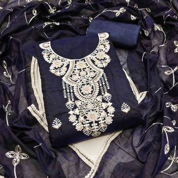 blue chanderi embroidered unstitched dress materials 3 pair top bottom dupatta 1