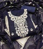 blue chanderi embroidered unstitched dress materials 3 pair top bottom dupatta