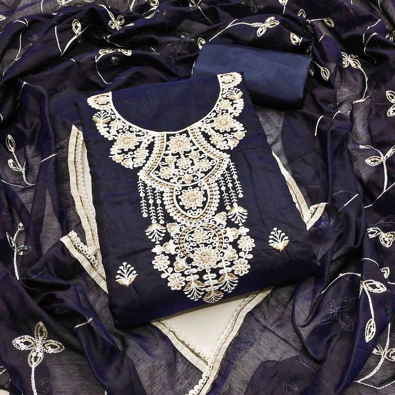blue chanderi embroidered unstitched dress materials 3 pair top bottom dupatta