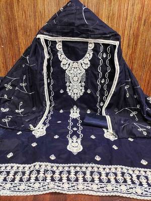 blue chanderi embroidered unstitched dress materials 3 pair top bottom dupatta 2