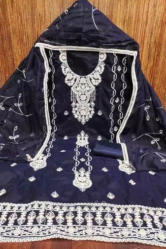 blue chanderi embroidered unstitched dress materials 3 pair top bottom dupatta