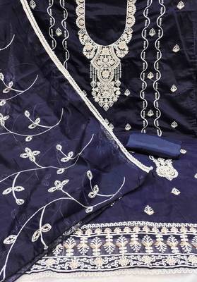 blue chanderi embroidered unstitched dress materials 3 pair top bottom dupatta 3
