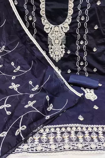 blue chanderi embroidered unstitched dress materials 3 pair top bottom dupatta