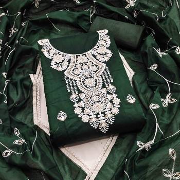 green chanderi embroidered unstitched dress materials 3 pair top bottom dupatta 1
