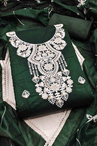 green chanderi embroidered unstitched dress materials 3 pair top bottom dupatta