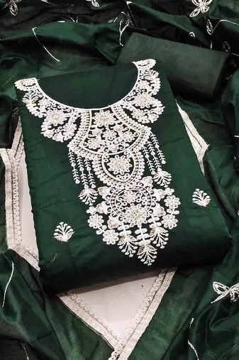green chanderi embroidered unstitched dress materials 3 pair top bottom dupatta