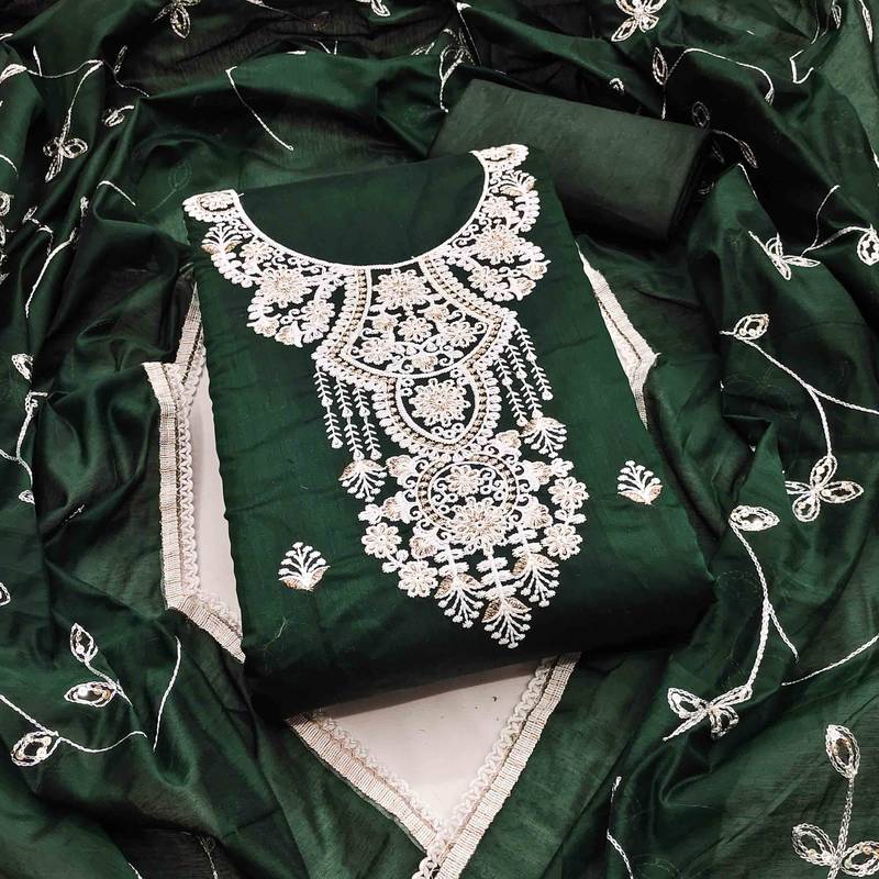 green chanderi embroidered unstitched dress materials 3 pair top bottom dupatta