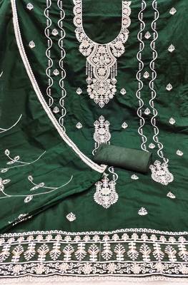 green chanderi embroidered unstitched dress materials 3 pair top bottom dupatta 2