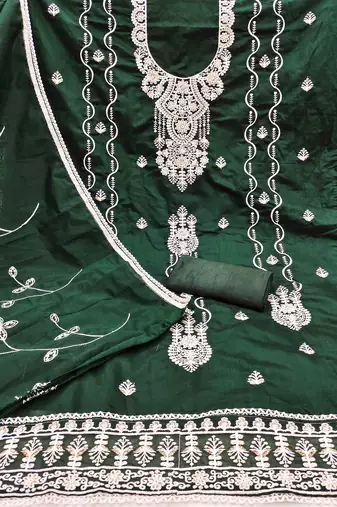 green chanderi embroidered unstitched dress materials 3 pair top bottom dupatta