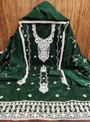 green chanderi embroidered unstitched dress materials 3 pair top bottom dupatta 3