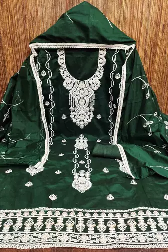 green chanderi embroidered unstitched dress materials 3 pair top bottom dupatta