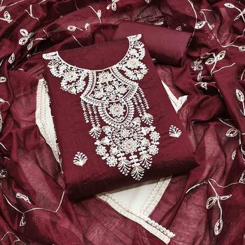 maroon chanderi embroidered unstitched dress materials 3 pair top bottom dupatta 1