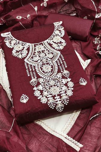maroon chanderi embroidered unstitched dress materials 3 pair top bottom dupatta
