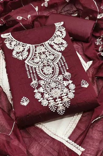 maroon chanderi embroidered unstitched dress materials 3 pair top bottom dupatta