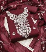 maroon chanderi embroidered unstitched dress materials 3 pair top bottom dupatta