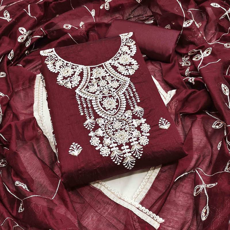 maroon chanderi embroidered unstitched dress materials 3 pair top bottom dupatta