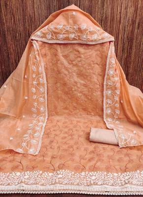 peach chanderi embroidered unstitched dress materials 3 pair top bottom dupatta 3