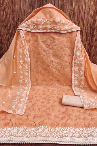 peach chanderi embroidered unstitched dress materials 3 pair top bottom dupatta