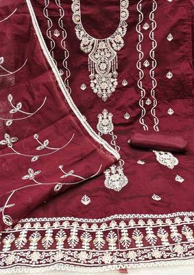 maroon chanderi embroidered unstitched dress materials 3 pair top bottom dupatta 2
