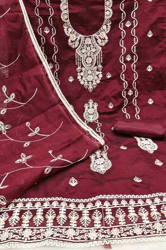 maroon chanderi embroidered unstitched dress materials 3 pair top bottom dupatta