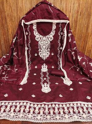 maroon chanderi embroidered unstitched dress materials 3 pair top bottom dupatta 3