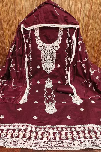 maroon chanderi embroidered unstitched dress materials 3 pair top bottom dupatta