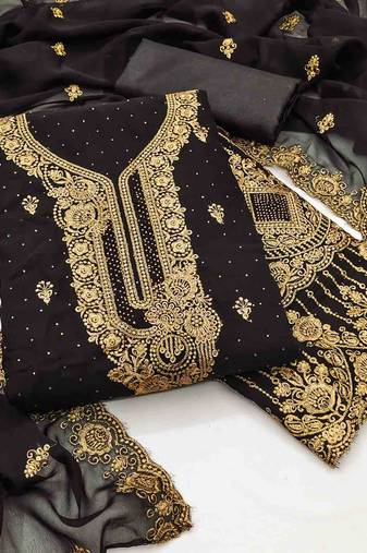 black georgette embroidered unstitched dressmaterials 3 pair top bottom dupptaa