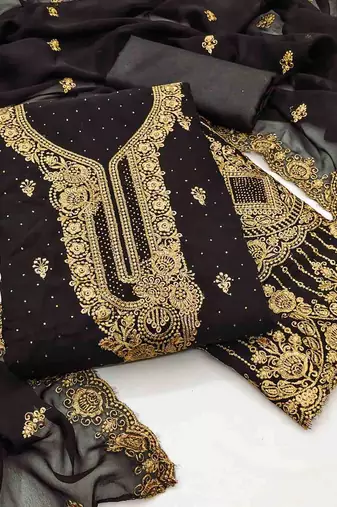 black georgette embroidered unstitched dressmaterials 3 pair top bottom dupptaa