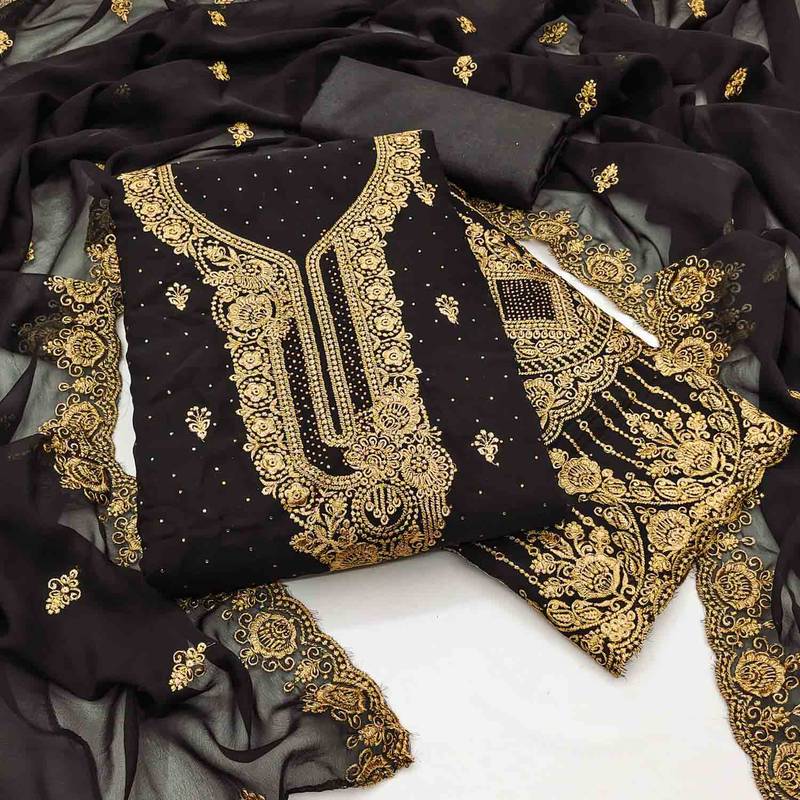 black georgette embroidered unstitched dressmaterials 3 pair top bottom dupptaa