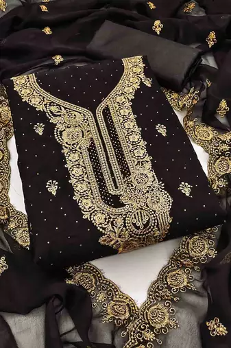 black georgette embroidered unstitched dressmaterials 3 pair top bottom dupptaa
