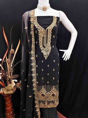 black georgette embroidered unstitched dressmaterials 3 pair top bottom dupptaa 3