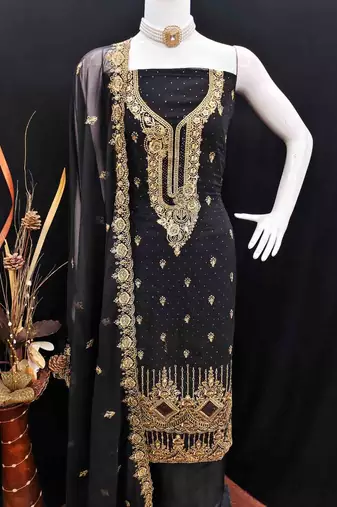 black georgette embroidered unstitched dressmaterials 3 pair top bottom dupptaa