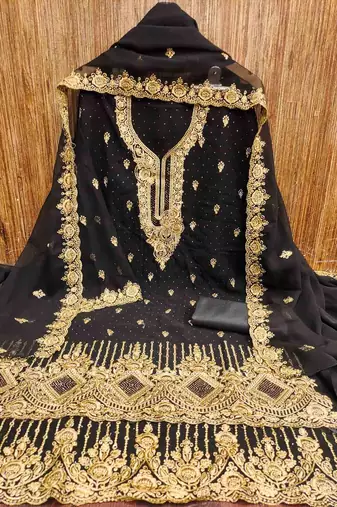 black georgette embroidered unstitched dressmaterials 3 pair top bottom dupptaa