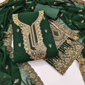 green georgette embroidered unstitched dressmaterials 3 pair top bottom dupptaa 1