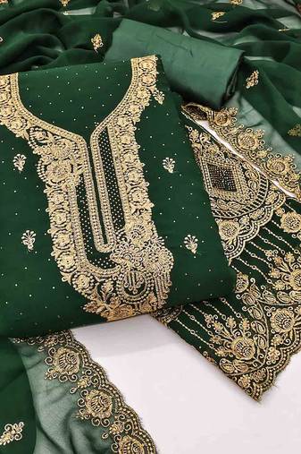 green georgette embroidered unstitched dressmaterials 3 pair top bottom dupptaa