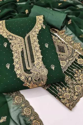 green georgette embroidered unstitched dressmaterials 3 pair top bottom dupptaa