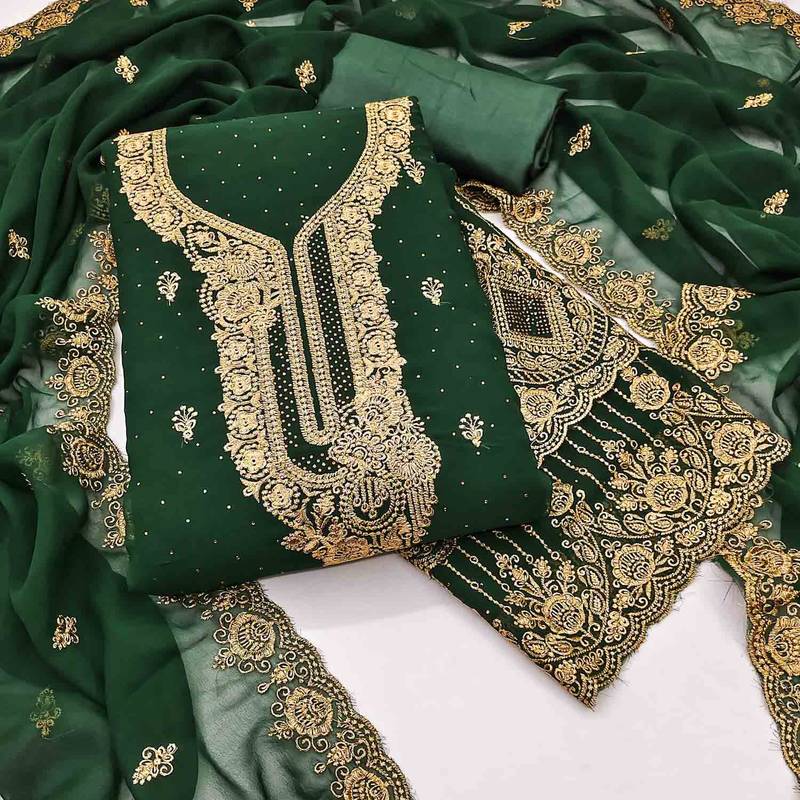green georgette embroidered unstitched dressmaterials 3 pair top bottom dupptaa