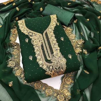 green georgette embroidered unstitched dressmaterials 3 pair top bottom dupptaa 2