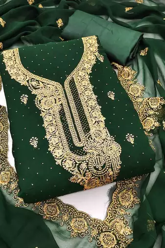green georgette embroidered unstitched dressmaterials 3 pair top bottom dupptaa