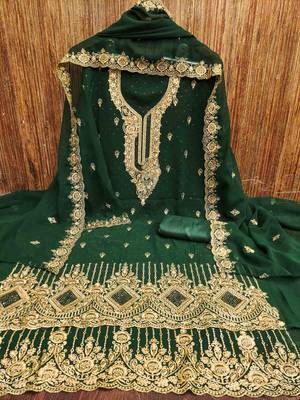 green georgette embroidered unstitched dressmaterials 3 pair top bottom dupptaa 3