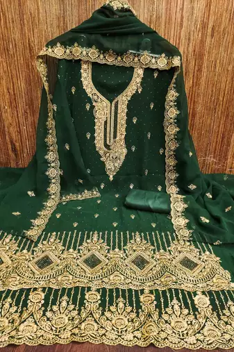 green georgette embroidered unstitched dressmaterials 3 pair top bottom dupptaa