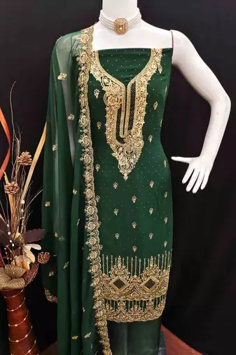 green georgette embroidered unstitched dressmaterials 3 pair top bottom dupptaa